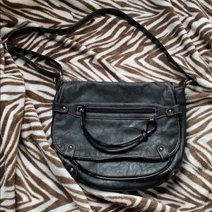 Mondani New York black faux leather purse with striped liner shoulder flap purse